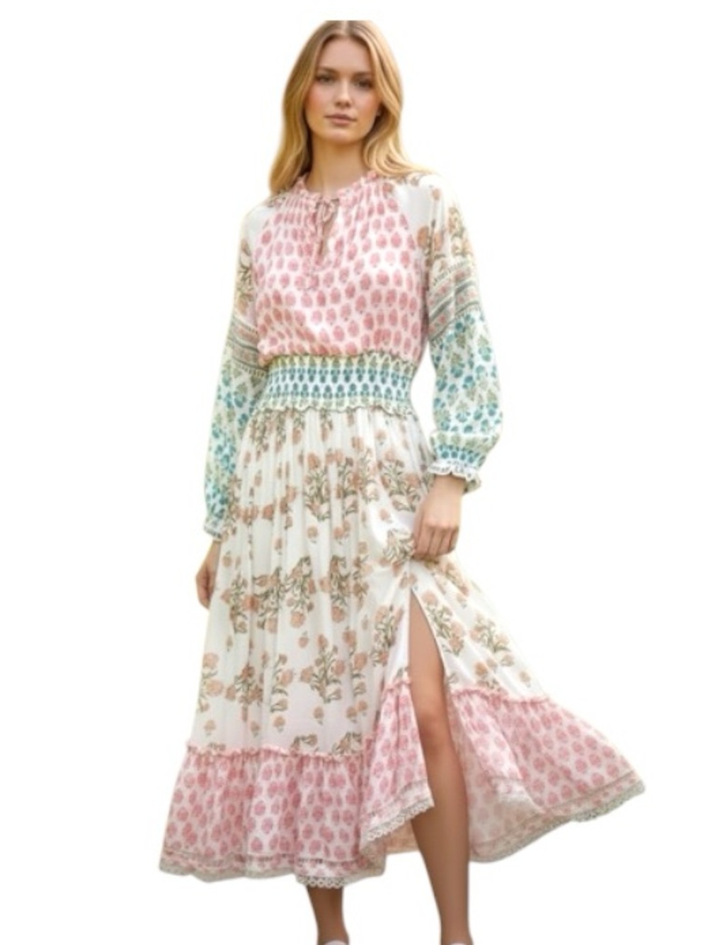 Dex Bohemian Gauzy Floral Maxi Dress Sz XS Cream Pink Side Slit Feminine Cottage